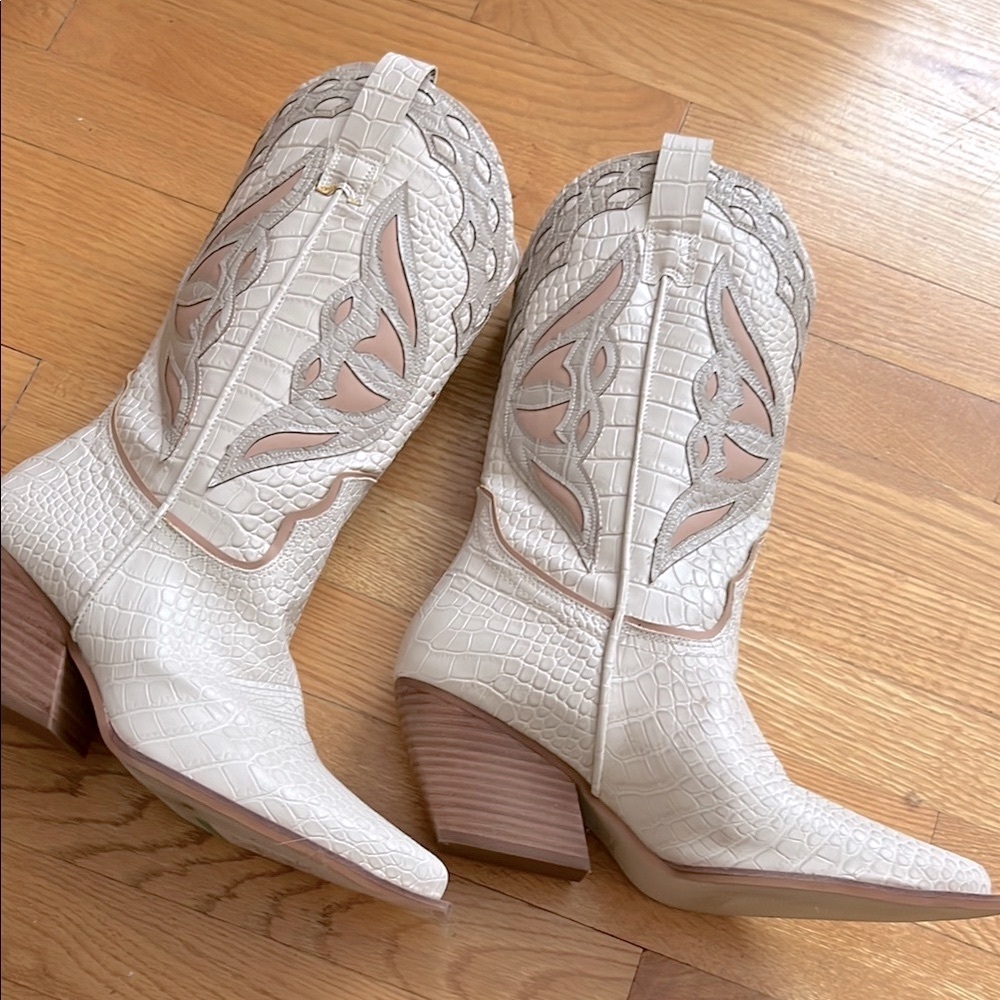 Brown and White Croc-Embossed Boots